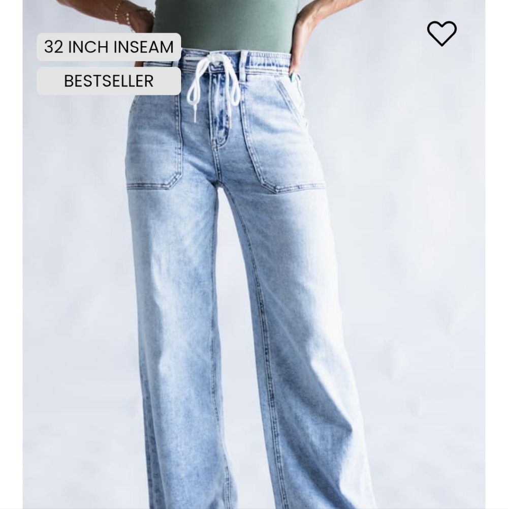 Light Blue Women's Drawstring Wide Leg Jeans - Picture 4 of 16